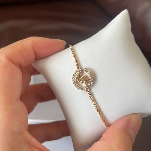 MICHAEL KORS Rose Gold Pave Logo Charm Slider Bracelet MKJ7321791 MKJ7321 NIB - Picture 6 of 6